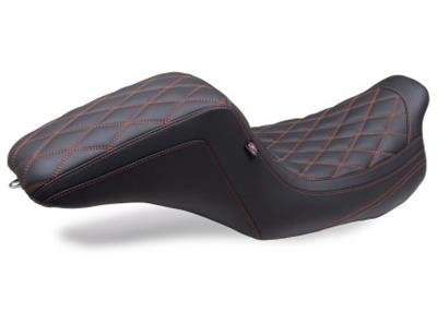 Mustang Motorcycle Products Squareback Double Diamond Stitched Seats 75299AB 08-24 HD FL Touring 1PC Seat - Black w/ Red Stitching