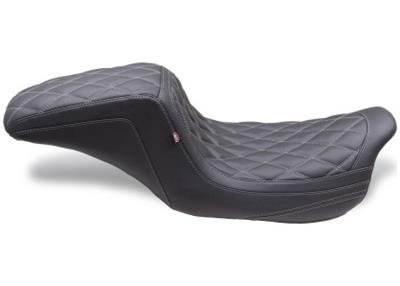 Mustang Motorcycle Products Squareback Double Diamond Stitched Seats 75299GM 08-24 HD FL Touring 1PC Seat - Black w/ Grey Stitching