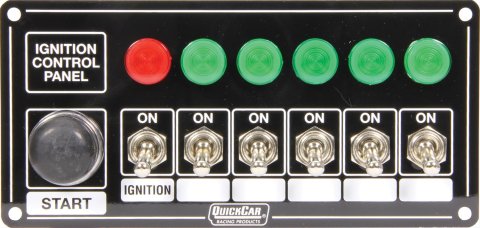QuickCar Ignition Control Panels 50-866 Electrical Switch Panels, Panels, 6 Switches, Lighted, Toggle Style, Push Button Starter Switch, Aluminum, Black, Dash Mount, Each