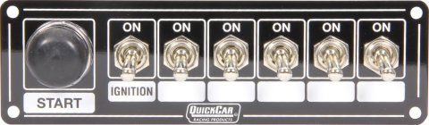 QuickCar Ignition Control Panels 50-865 Electrical Switch Panels, Panels, 6 Switches, Toggle Style, Push Button Starter Switch, Aluminum, Black, Dash Mount, Each