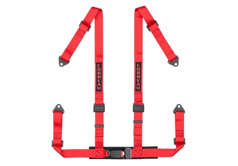Corbeau 4-Point Harness 44007B Harness, 4-Point, Pull Down, Nylon, Red, 2 in. Width, OEM Style Latch, Bolt-in, Each
