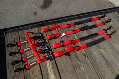PRP Seats SpeedStrap Off-Road Tie-Down Kits 71733 Straps, SpeedStrap, Off-Road, Four 10 ft. Tie-Downs with Axle Straps, Ratchet, Twisted Snap Hook, Red, Four SpeedWraps, Storage Bag, Kit