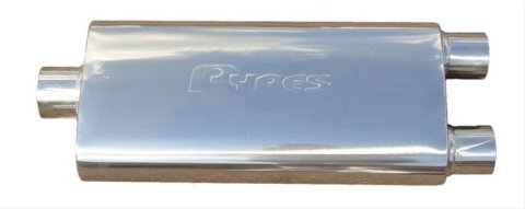 Pypes Violator 409 Stainless Steel 3 Inch Muffler MVV70 Muffler, Series, Steel, Polished, 3.0 in. Center Inlet/Dual 2.5 in. Offset Outlets, Each