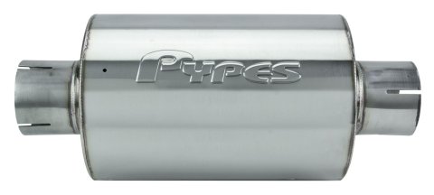 Pypes M-80 Round Case 304 Stainless Steel 2.5 Inch Muffler MVR2010S Muffler, 2.50 in. Center Inlet, 2.50 in. Center Outlet, 20 in. Overall Length, Polished, Steel, Round, Each