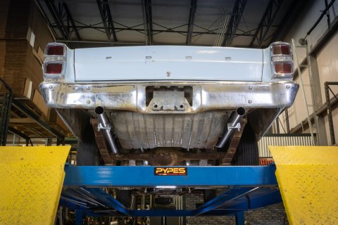 Pypes Violator Dual Exhaust Systems SFF11V System, Violator, Crossmember Back, 409 Stainless Steel, Natural, X-Pipe, Rear Exit, Ford, Fairlane, Kit