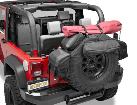 Bestop RoughRider Soft Storage Holders for 1987-2024 WRANGLER, 2018 WRANGLER JK - 5413535 Cargo Holder, RoughRider, Spare Tire Location, Polymer Cloth, Black, Jeep, Each