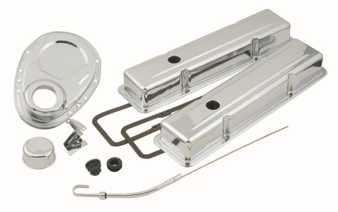 Mr. Gasket Engine Dress-Up Kits 9834 Dress-Up, Chrome, 2 Valve Covers, Gaskets, Dipstick, Tube, Push-On Clamps, Chevy, Small Block, Kit