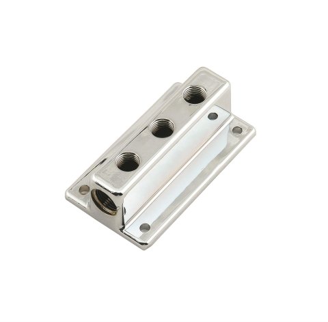 Mr. Gasket T Style Fuel Blocks 6151MRG Block, T-Type, Cast Aluminum, Chrome, One 3/8 in. NPT Female Inlet, Three 1/4 in. NPT Female Outlets, Each