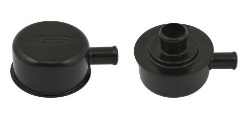 Mr. Gasket Flat Black Valve Cover Breathers 2054BP Breather, Push-in, Round, Steel, Matte Powdercoated, Logo, Each