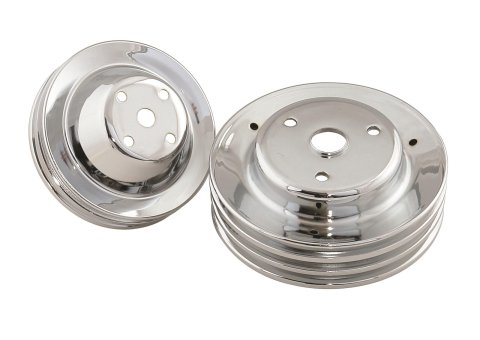 Mr. Gasket Chrome Water Pump Pulleys 4963 Pulleys, Chrome, Chevy, Small Block, Double Upper Groove Triple Lower, Long Pump, Set