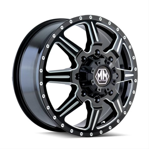 Mayhem Monstir 8101 Series Gloss Black Dually Wheels with Milled Spokes 22x8.25 Wheels, Spokes, 22 in. x 8.25 in., Black, 8 x 170mm Bolt Circle, 9.625 in. Backspacing, Front, Each