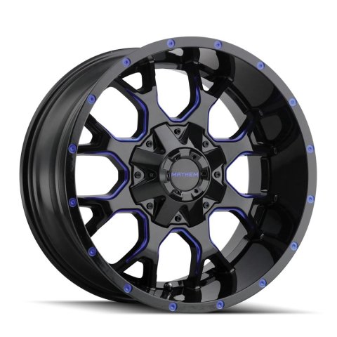 Mayhem Warrior 8015 Series Gloss Black With Prism Blue Wheels 18x9 MAYHEM WARRIOR BLACK W/PRISM BLUE 18X9 8-180 18MM 124.1MM