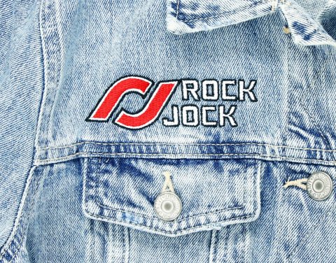 Rock Jock Jackets & Vests RJ-714000-M Jean Jacket w/ embroidered logos front and back. Blue, women's medium.