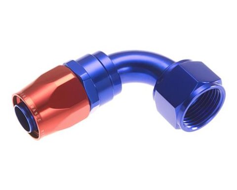 Redhorse Performance 1000 Series Swivel Seal Hose Ends 1090-06-1 Ends, Series, Seal, -6 AN Female Threads, Reusable swivel, 90 degree, -6 AN Hose, Aluminum, Red/Blue Anodized, Each