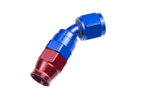Redhorse Performance 1200 Series Reuseable PTFE Hose Ends 1245-08-1 Ends, Series, Reuseable, PTFE, -8 AN Female Threads, Reusable swivel, 45 degree, -8 AN Hose, Aluminum, Red/Blue Anodized, Each