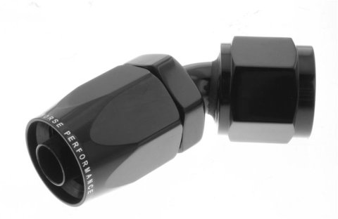 Redhorse Performance 6000 Series Non-Swivel Seal Hose Ends 6045-08-2 Ends, Series, Seal, -8 AN Female Threads, Reusable non-swivel, 45 degree, -8 AN Hose, Aluminum, Black Anodized, Each
