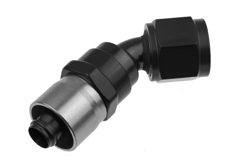 Redhorse Performance 7000 Series Crimp Style Hose End Fittings 7045-16-2 Ends, Series, Style, -16 AN Female Threads, Socketless barb, 45 degree, -16 AN Hose, Aluminum, Black Anodized, Each