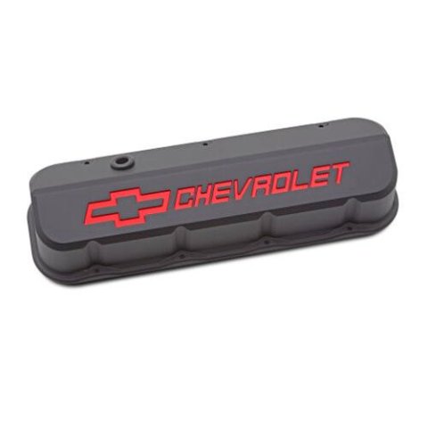 Proform GM Licensed Slant Edge Valve Covers 141-876 Covers, Edge, Tall, Perimeter Bolt, Cast Aluminum, Textured Black Powdercoated, Chevrolet Logo Top Style, Chevrolet, Big Block, Pair