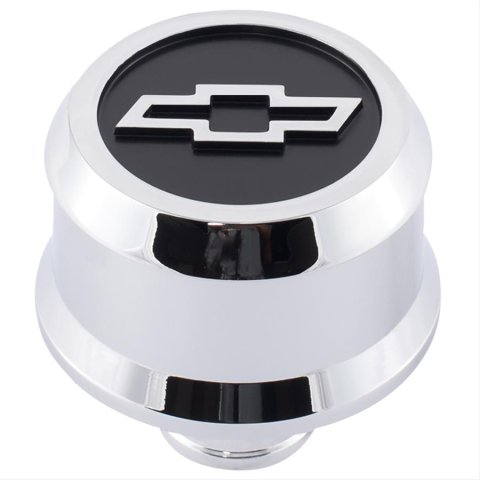 Proform Slant Edge Aluminum Breather Caps 141-856 Breather, Push-in, Aluminum, Chrome, Bowtie Logo, Each