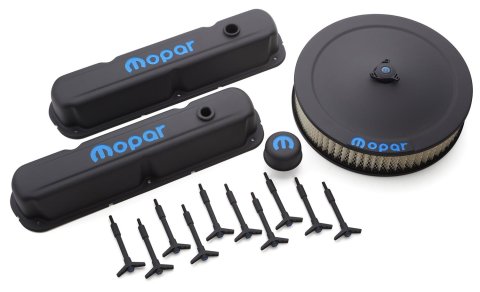 Proform Mopar Licensed Small Block Engine Dress-Up Kits 440-758 Kit, Valve Covers, Valve Cover Wing Nuts, Air Cleaner, Breather, Black Crinkle Powdercoated, MOPAR Logo, Mopar, LA, Kit