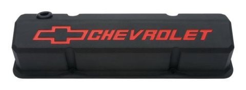 Proform GM Licensed Slant Edge Valve Covers 141-928 Covers, Cast Aluminum, Black, Slant-Edge, Chevrolet, Bowtie Emblem, Chevy, Small Block, Pair