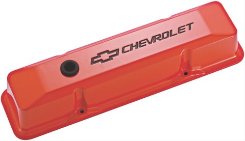 Proform GM Licensed Diecast Aluminum Chevrolet Valve Covers 141-118 Covers, Tall, Die-Cast Aluminum, Orange Powdercoated, Bowtie Emblem, Chevy, Small Block, Pair
