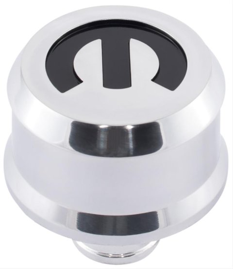 Proform Slant Edge Aluminum Breather Caps 440-441 Valve Cover Breather, Aluminum, Push-in, Round, Polished, Recessed Black Mopar Emblem, 2.500 in. Diameter, 1.220 in. Hole Size, Each