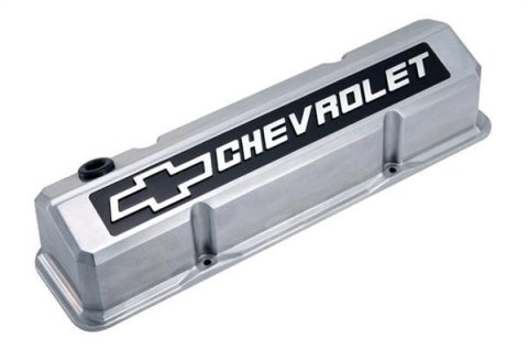 Proform GM Licensed Slant Edge Valve Covers 141-920 Covers, Cast Aluminum, Polished, Tall, Chevrolet, Bowtie Emblem, Chevy, Small Block, Pair