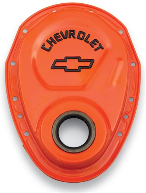 Proform Chevy Bowtie Timing Chain Covers 141-783 Cover, One-piece, Steel, Orange, Black, Chevrolet and Emblem, Chevy, Each