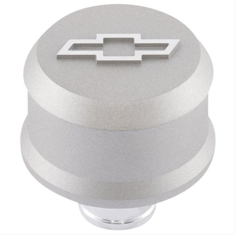 Proform Slant Edge Aluminum Breather Caps 141-860 Valve Cover Breather, Aluminum, Push-in, Round, Gray, Bowtie Emblem, 2.500 in. Diameter, 1.220 in. Hole Size, Each