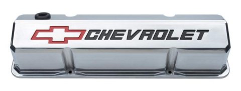 Proform GM Licensed Slant Edge Valve Covers 141-927 Covers, Cast Aluminum, Polished, Slant-Edge, Chevrolet, Bowtie Emblem, Chevy, Small Block, Pair