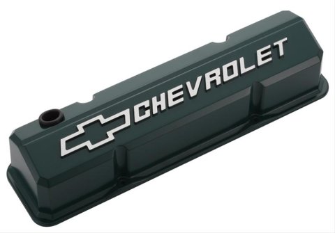 Proform GM Licensed Collector's Series Slant-Edge Valve Covers 141-933 Covers, Slant-Edge, Tall, Perimeter Bolt Mounting Style, Green, Bowtie Emblem, Chevy, Small Block, Pair