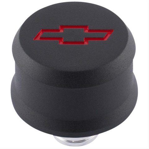 Proform Slant Edge Aluminum Breather Caps 141-861 Valve Cover Breather, Aluminum, Push-in, Round, Black, Red Bowtie Emblem, 2.500 in. Diameter, 1.220 in. Hole Size, Each