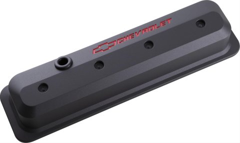 Proform GM Licensed Slant Edge Valve Covers 141-845 Cover, Cast Aluminum, Black Wrinkle, Recessed Chevrolet Logo, Chevy, Small Block, Pair