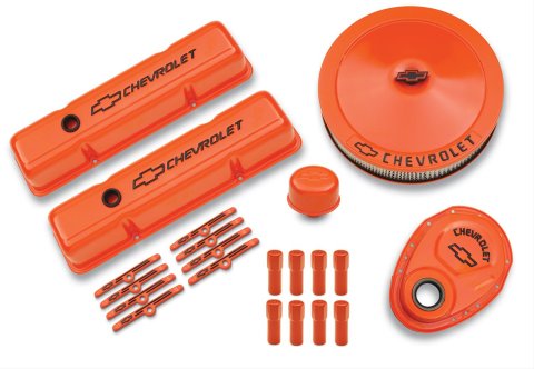 Proform GM Licensed Chevy Engine Dress Up Kits 141-780 Kit, Tall Valve Covers, Drop Base Air Cleaner, Accessories, Orange Powdercoated, Chevy, Small Block