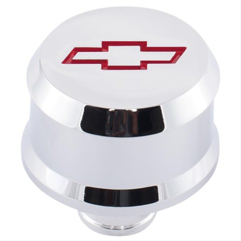 Proform Slant Edge Aluminum Breather Caps 141-853 Valve Cover Breather, Aluminum, Push-in, Round, Chrome, Red Bowtie Emblem, 2.500 in. Diameter, 1.220 in. Hole Size, Each