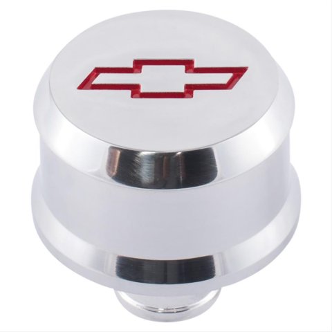 Proform Slant Edge Aluminum Breather Caps 141-855 Valve Cover Breather, Aluminum, Push-in, Round, Polished, Red Bowtie Emblem, 2.500 in. Diameter, 1.220 in. Hole Size, Each