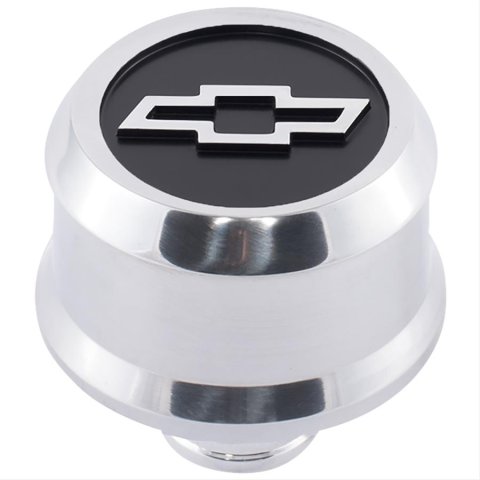 Proform Slant Edge Aluminum Breather Caps 141-857 Valve Cover Breather, Aluminum, Push-in, Round, Polished, Recessed Black Field Bowtie Emblem, 2.500 in. Diameter, 1.220 in. Hole Size, Each