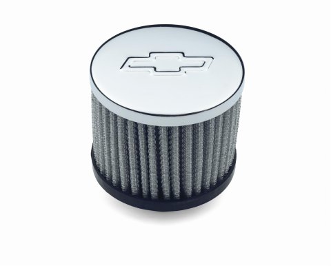 Proform Air Breather Caps for Chevrolet 141-622 Valve Cover Breather, Push-In, Round, Steel, Chrome, Bowtie Emblem, Each