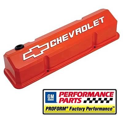 Proform GM Licensed Slant Edge Valve Covers 141-924 Covers, Cast Aluminum, Orange, Tall, Chevrolet, Bowtie Emblem, Chevy, Small Block, Pair