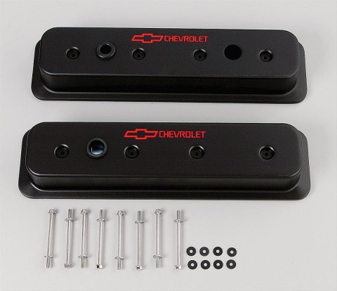 Proform GM Licensed Diecast Aluminum Chevrolet Valve Covers 141-131 Covers, Tall, Cast Aluminum, Black Wrinkle, Logo, Centerbolt, Chevy, Small Block, Pair