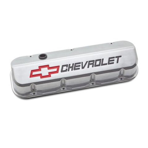 Proform GM Licensed Slant Edge Valve Covers 141-875 Covers, Edge, Tall, Perimeter Bolt, Cast Aluminum, Polished, Chevrolet Logo Top Style, Chevrolet, Big Block, Pair