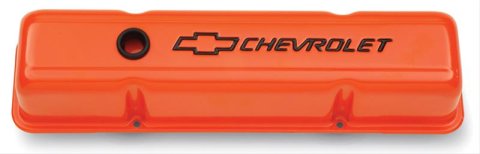 Proform Stamped Steel Chevrolet Valve Covers 141-784 Covers, Tall, Steel, Orange Painted, Logo, Chevy, Small Block, Pair