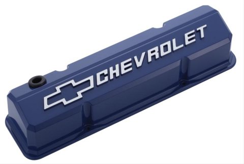 Proform GM Licensed Collector's Series Slant-Edge Valve Covers 141-932 Covers, Slant-Edge, Tall, Perimeter Bolt Mounting Style, Blue, Bowtie Emblem, Chevy, Small Block, Pair