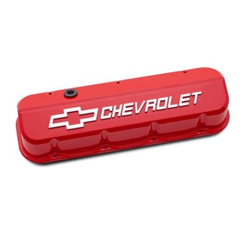Proform GM Licensed Slant Edge Valve Covers 141-873 Covers, Edge, Tall, Perimeter Bolt, Cast Aluminum, Gloss Red Powdercoated, Chevrolet Logo Top Style, Chevrolet, Big Block, Pair