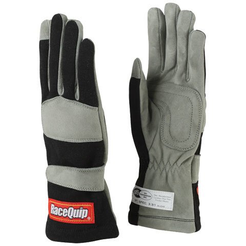 RaceQuip 351 Gloves 351003RQP Driving Gloves, 351, Single-Layer, Nomex/Leather, Black/Gray, Men's Medium, SFI 3.3/1