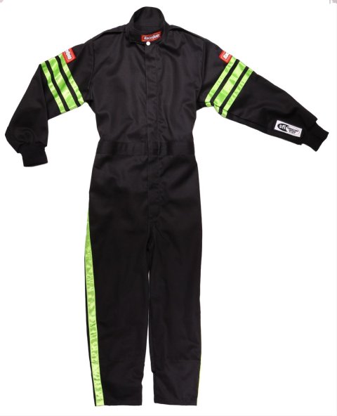 RaceQuip SFI-1 Pro-1 Single Layer Kids Suits 1950792RQP Driving Suits, Suits, One-piece, Pyrovatex, Black with Green Stripe, SFI 3.2A/1, Youth Small, Each