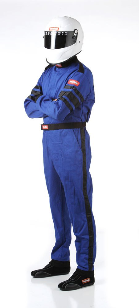 RaceQuip 110 Series Pyrovatex SFI-1 Suits 110026RQP Suit, One-piece, Men's X-Large, Single Layer, SFI 3.2A/1, Blue with Black Stripe, Each