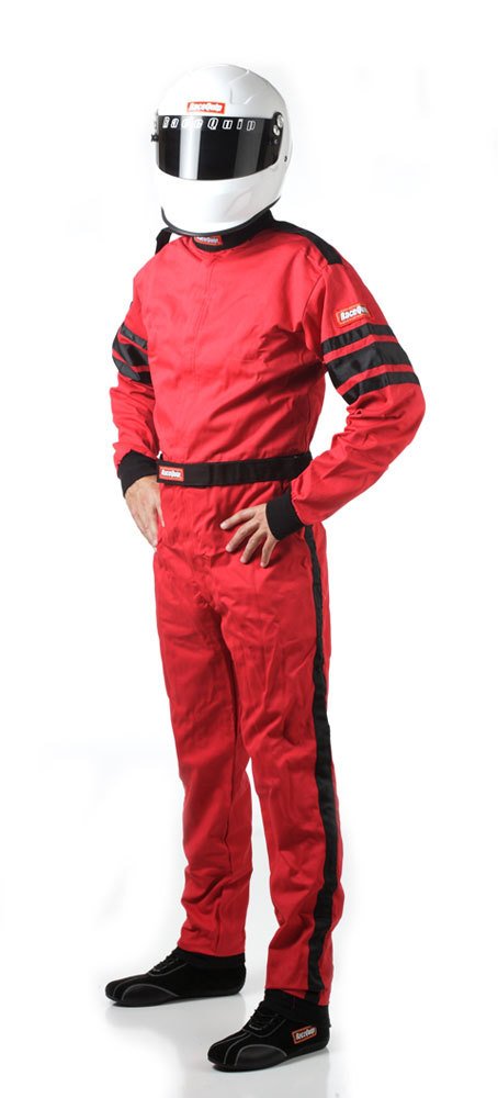 RaceQuip 110 Series Pyrovatex SFI-1 Suits 110015RQP Suit, One-piece, Men's Large, Single Layer, SFI 3.2A/1, Red with Black Stripe, Each