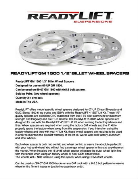 ReadyLift Suspension 0.5 inch Wheel Spacers 15-3485 Spacers, Aluminum, 0.500 in. Thickness, 6 x 5.50 in. Bolt Circle, Chevy, GMC, Pair